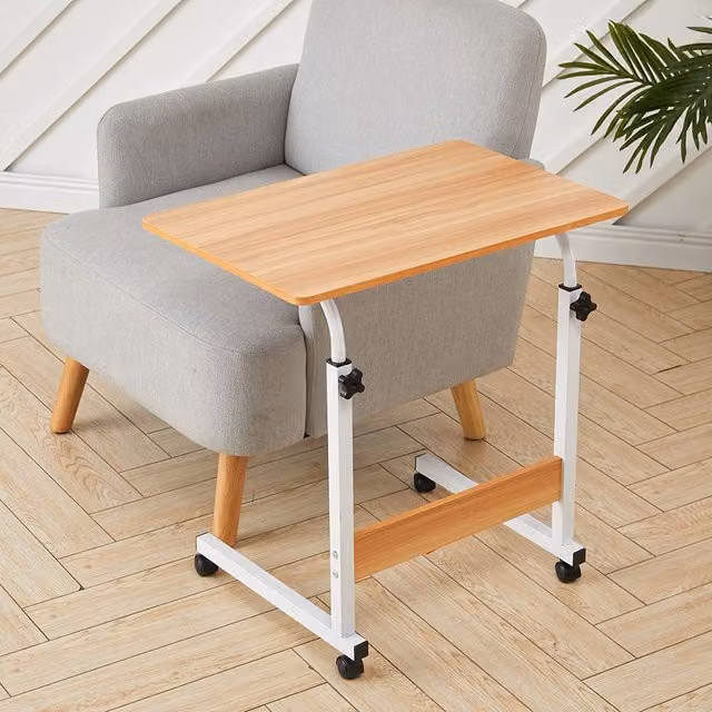 Living and Home Height Adjustable Mobile Overbed Desk with Wheels and Manual Crank in Natural