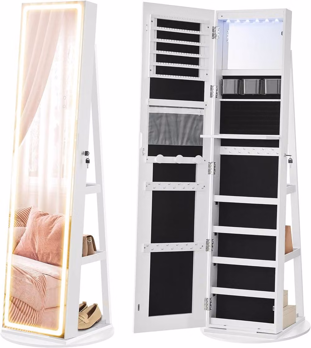 SONGMICS LED Mirror Standing Jewellery Cabinet with Lockable Armoire in White – 4