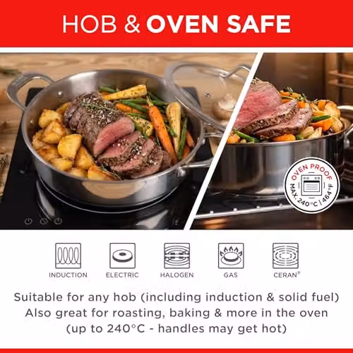 Kuhn Rikon Silver Uncoated Stainless Steel Shallow Casserole Dish with Glass Lid, 28 cm, 5 l – 3