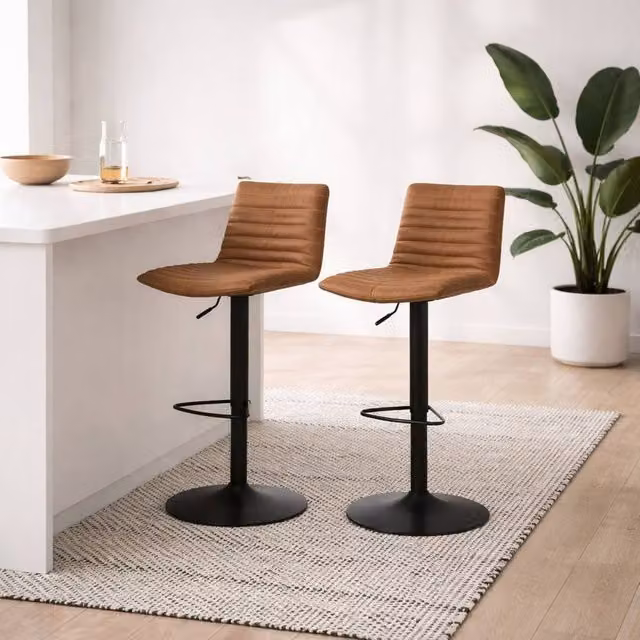 Wyld Haus Aalborg Set of 2 Adjustable Swivel Bar Stools in Camel Brown Microfibre with Black Metal Legs