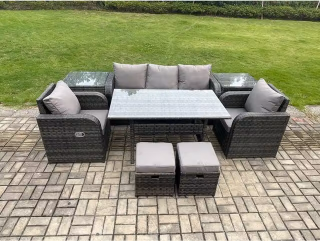 Fimous 8-Piece Modern Rattan Garden Dining Set in Grey with Glass Tabletop