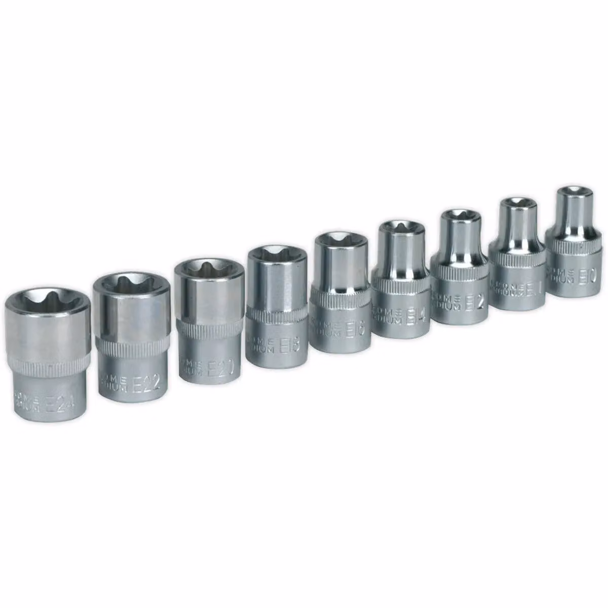 Loops 9pc TRX Star Female Socket Set, 1/2 inch Square Drive, E10 to E24, Silver – 2
