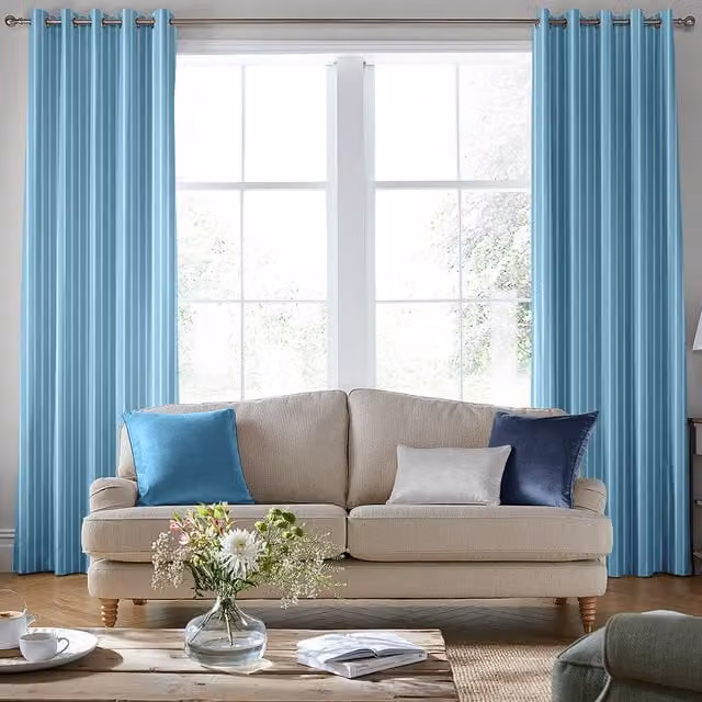 Laura Ashley Burnsall Seaspray Blue Striped Blackout Made To Measure Eyelet Curtains