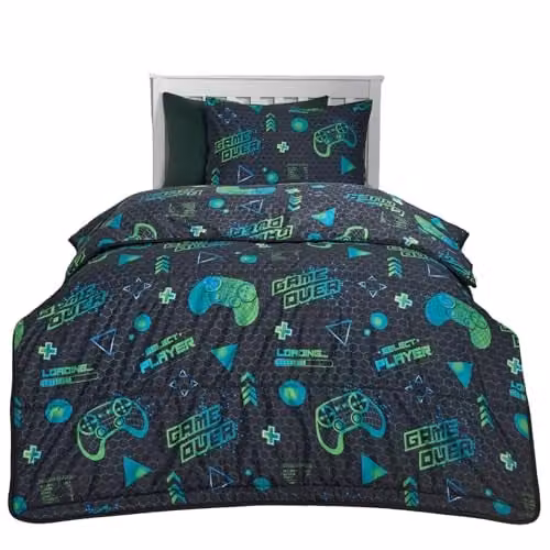 OHS Kids Coverless Gaming Duvet and Pillowcase Set, 10.5 Tog Reversible Hollow Fibre All Season Quilt, Black and Grey, W/D/H: 135 x 200 cm – 1