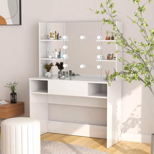Berkfield Home Modern Glossy White Makeup Table with Hollywood LED Lights, W/D/H: 100 x 40 x 135 cm