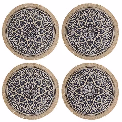 Creative Tops Set of 4 Round Jute Placemats with Blue and Brown Mandala Design, Diameter: 42 cm