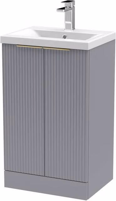 Balterley Fluted Front 2 Soft Close Door Grey Freestanding Vanity Basin Unit with Brushed Brass Details, W: 50 cm, H: 85 cm