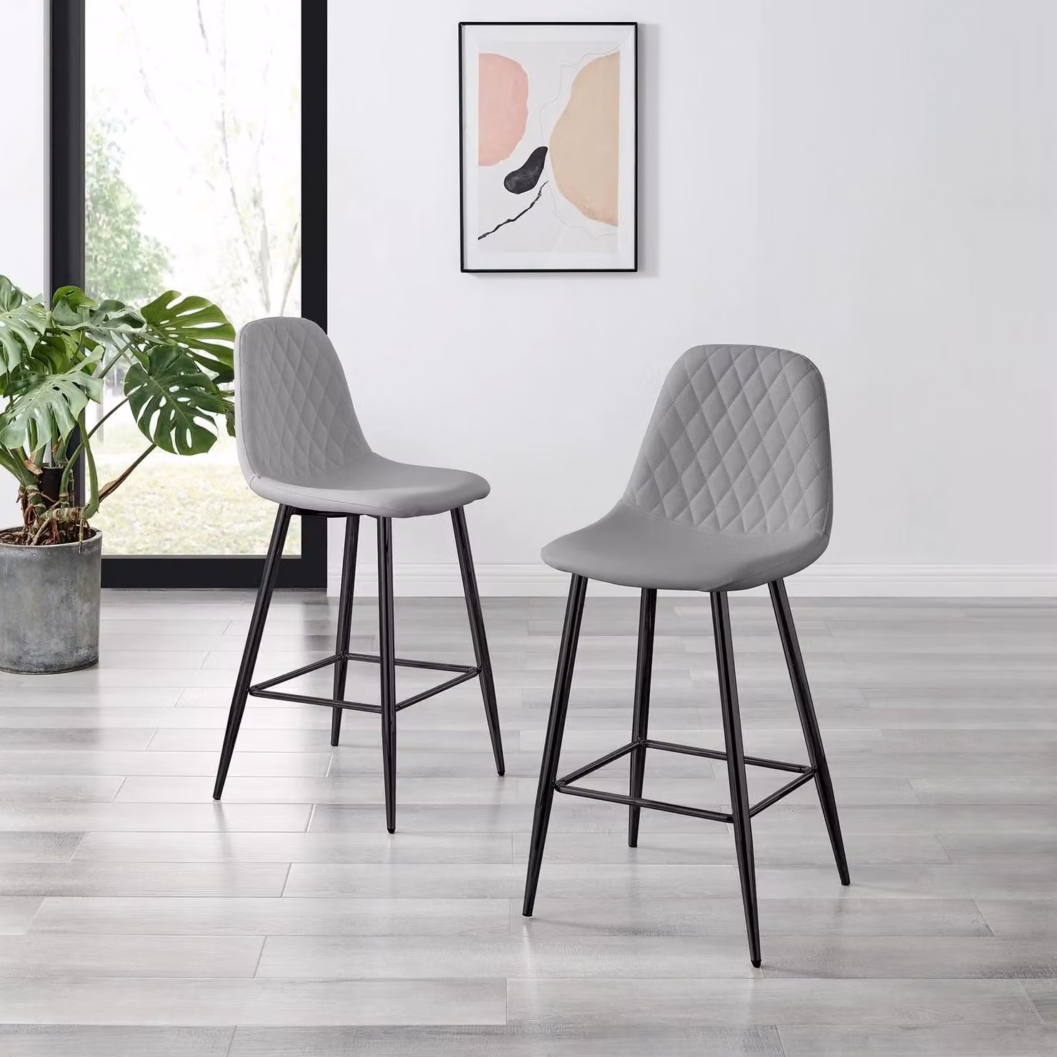 FurnitureboxUK Corona Set of 2 Grey Faux Leather Counter Stools with Black Metal Legs – 2