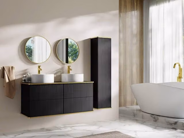 Vente-unique Suspended Ribbed Bathroom Vanity Unit with Double Round Countertop in Black and Gold