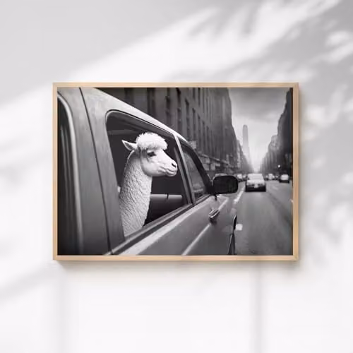 60 Second Makeover Alpaca In A Car Paper Poster, Multicolour, A4
