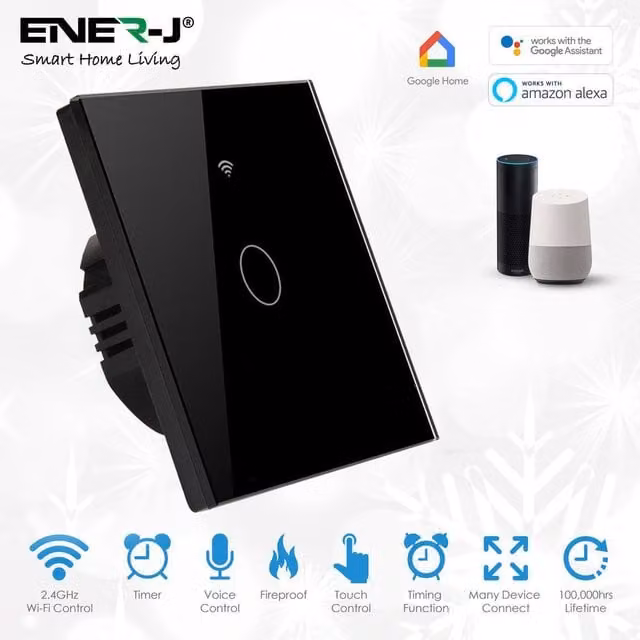 ENER-J 1-Gang Smart Wi-Fi Touch Wall Switch, Black Glass, No Neutral Wire Required – 1