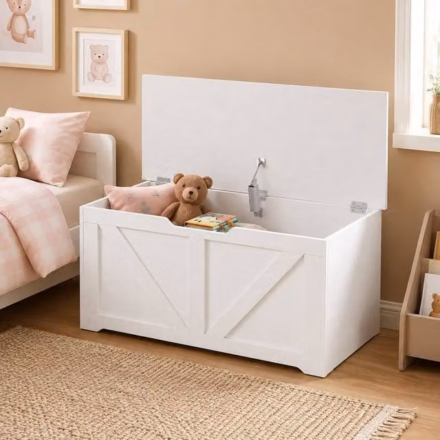 STILVORA White Glossy MDF Storage Box with Safety Hinge and Seat Top