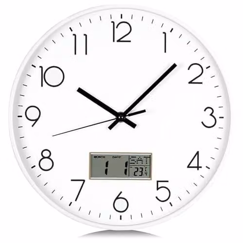 ATEK Modern Round Digital Wall Clock with Silent Quartz Movement, Date and Temperature Display in Black and White, Diameter: 30.48 cm – 1