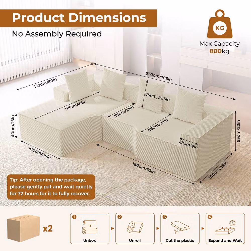 Dprodo Beige Corduroy Left-Facing L-Shaped Modular Sofa with Scatter Cushions, Width: 320 cm – 3