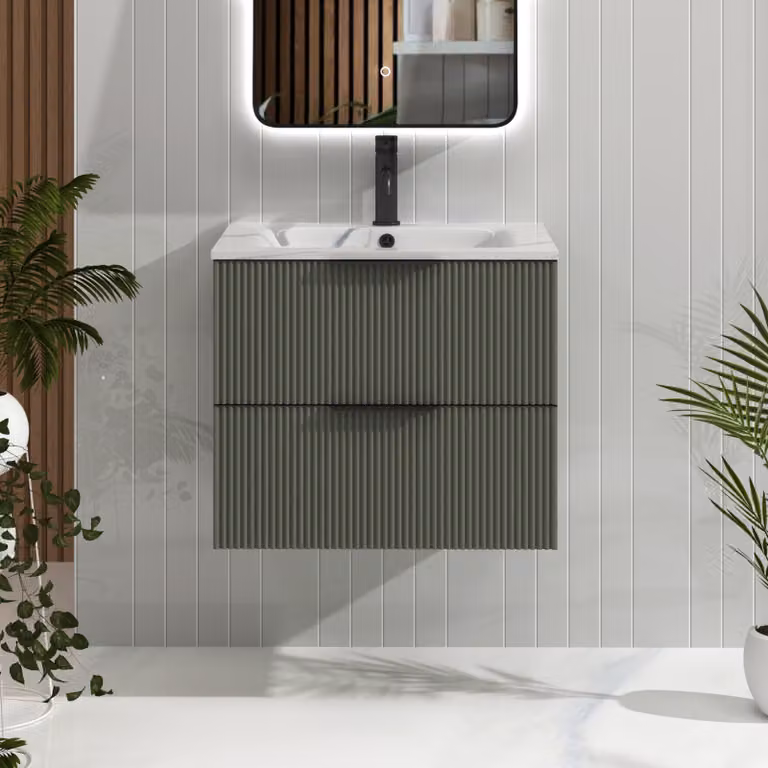 Royal Bathrooms Evora 600mm Sage Green Fluted Wall Hung Vanity Unit with Carrara White Basin and Matt Black Handles