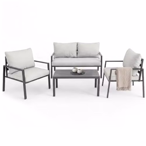 tectake Modern Garden Furniture Set in Grey with 2-Seater Sofa, Coffee Table and Upholstered Cushions with Powder Coated Aluminium Frame