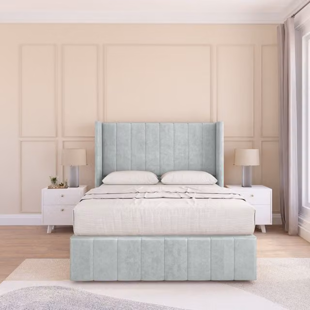Sloomy Melbourne Naples Wingback Bed Set in Silver Velvet with 2 Drawers and Floor Standing Headboard, W/D/H: 200 x 200 cm
