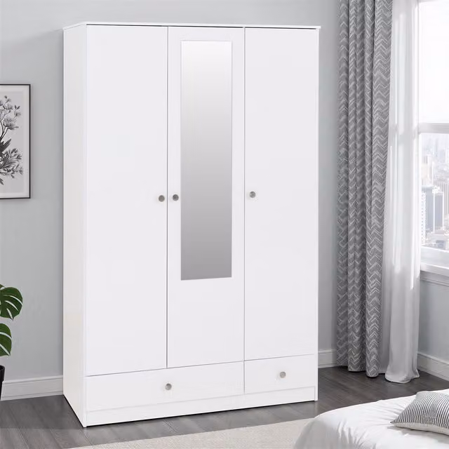 Seconique Denver 3 Door 2 Drawer Mirrored Wardrobe in White Gloss