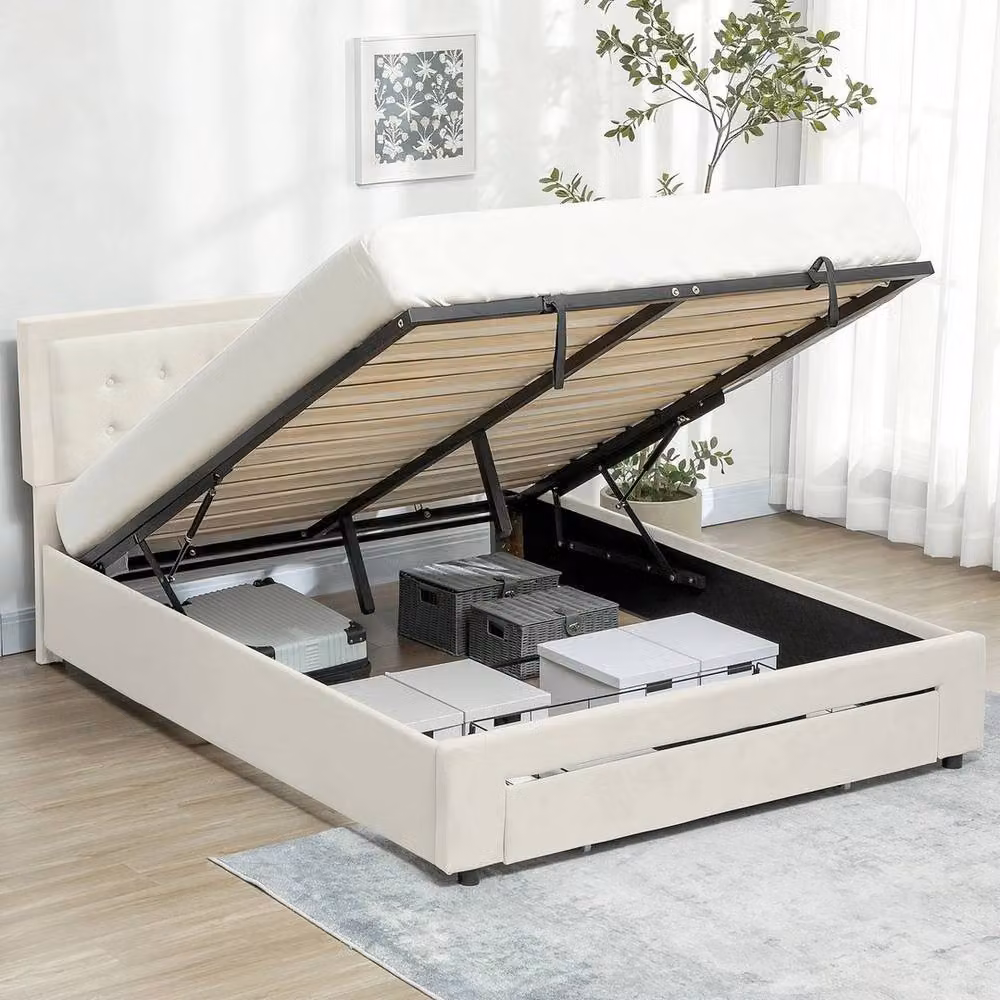 FORGEVIO Upholstered Double Bed Frame with Lift Up Storage and Adjustable Headboard in Beige – 2