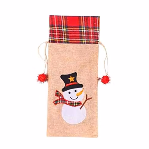 Shatchi Reindeer Printed Burlap Wine Bottle Cover with Drawstring Closure, Multicolour Festive Linen Liquor Bag for Christmas Parties – 1