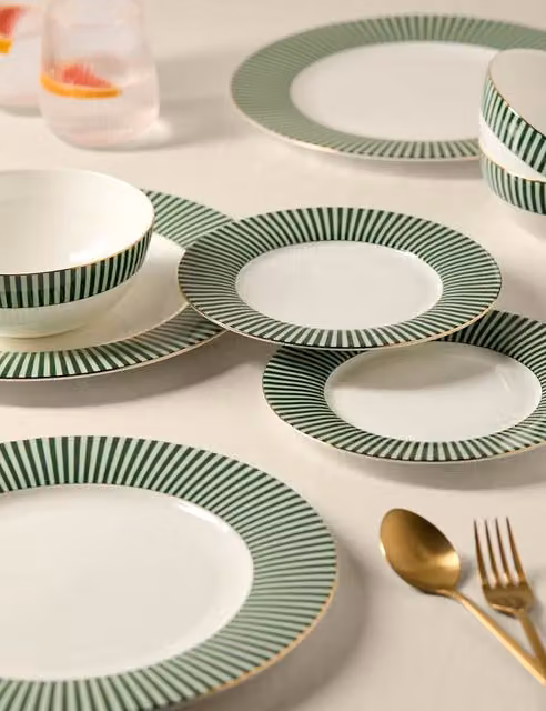 M&S Hampton 12 Piece Green Striped Bone China Dinner Set