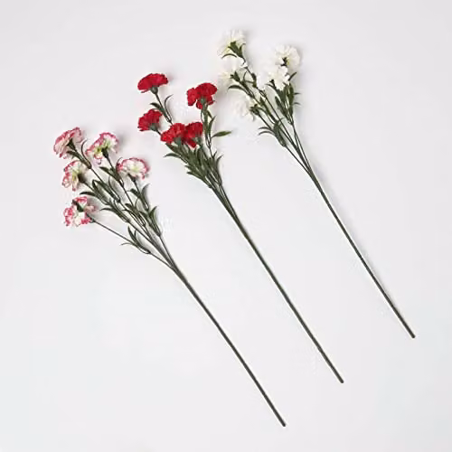 HOMESCAPES Set of 3 Artificial Silk Carnation Flower Sprays in Multicolour, Green, Red, Pink and White, Height: 55 cm