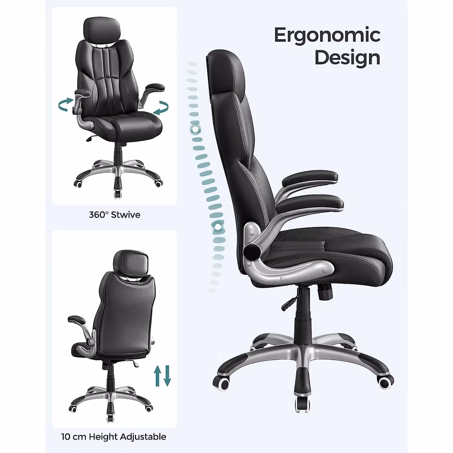 SONGMICS Black Synthetic Leather Gaming Chair with Headrest, 360 Degree Swivel and Foldable Arms – 4