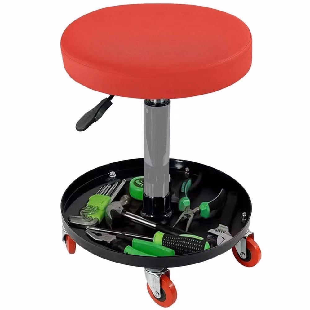 FLAVORA Heavy Duty Rolling Workshop Stool in Red with Castors and Synthetic Leather Upholstery – 3
