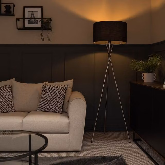 ValueLights Camden Modern Polished Chrome Tripod Floor Lamp with Black Fabric Cylinder Shade and 6W Warm White LED Bulb, H 154 cm