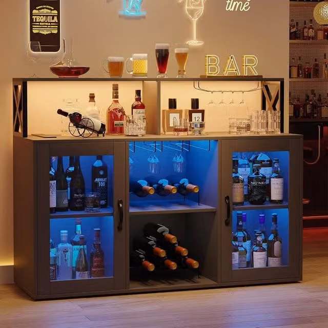 London Boutique Industrial Kitchen Island and Wine Bar Cabinet in Black with Integrated LED Lighting and Power Outlets, W/D/H: 120 x 40 x 91 cm – 1