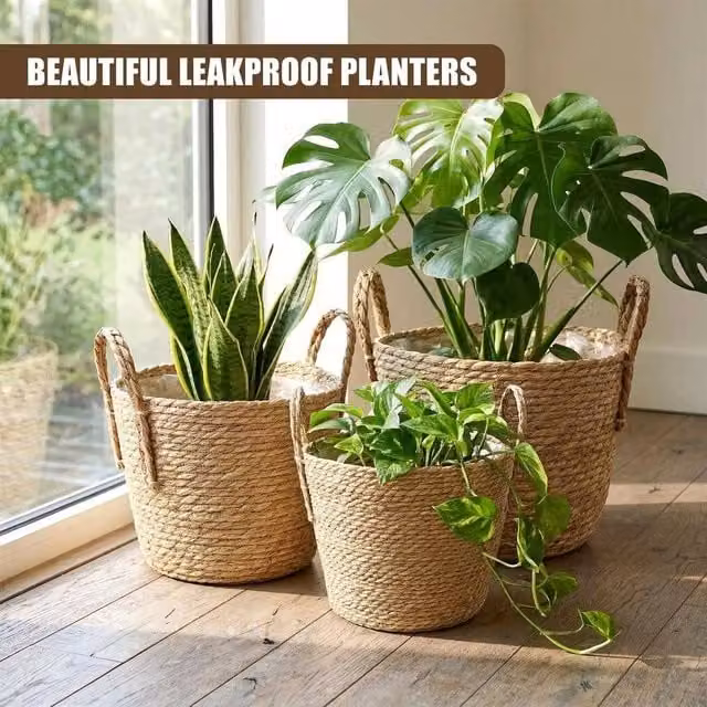 EONLION Set of 3 Round Seagrass Planter Baskets with Handles in Brown