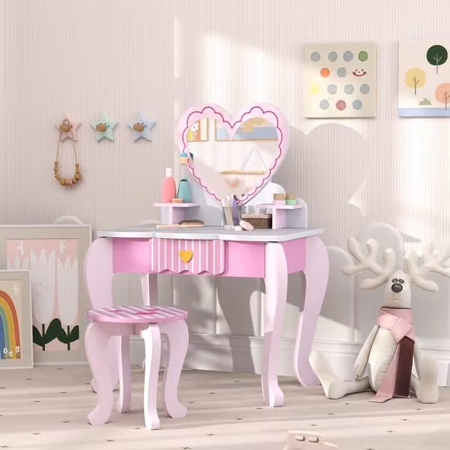 AIYAPLAY Heart Theme Kids Dressing Table Set in Pink