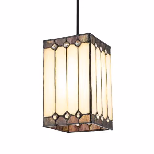 Happy Homewares Classic Square Stained Glass Tiffany Pendant Shade in White, Green and Purple with Transparent Accents W/D/H: 20 x 12 x 12 cm – 1