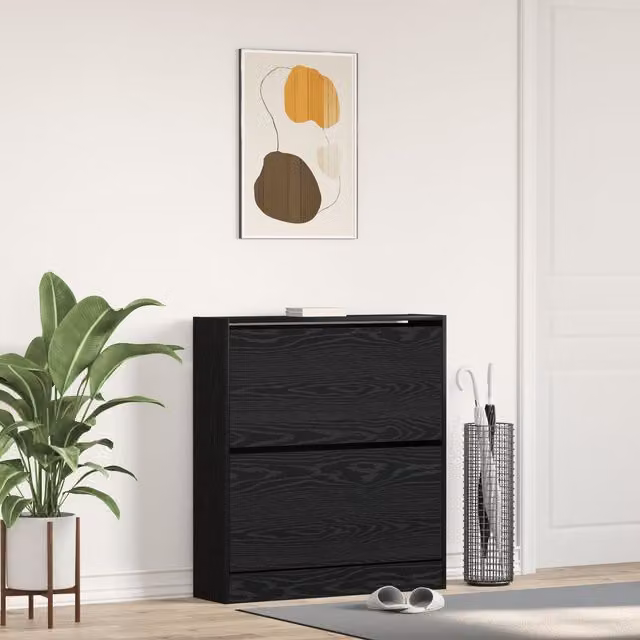 Berkfield Home Modern Black Oak Shoe Cabinet with Tilting Compartments W/D/H: 80 x 21 x 87.5 cm