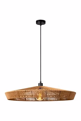Lucide Yunkai Dimmable Adjustable Height Pendant Light in Brown Rattan and Paper, Diameter: 70 cm