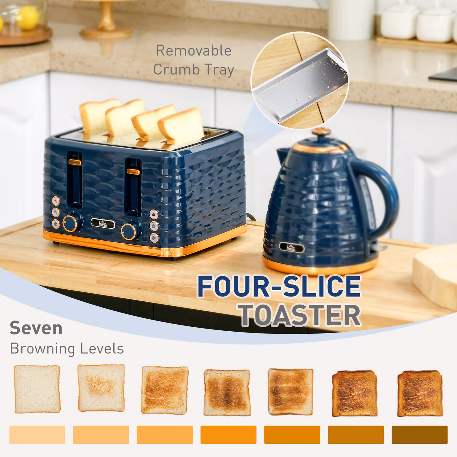 HOMCOM Blue Kettle and 4 Slice Toaster Set with 3000W Rapid Boil Kettle and 1.7L Capacity and 7 Browning Controls and Crumb Tray – 4