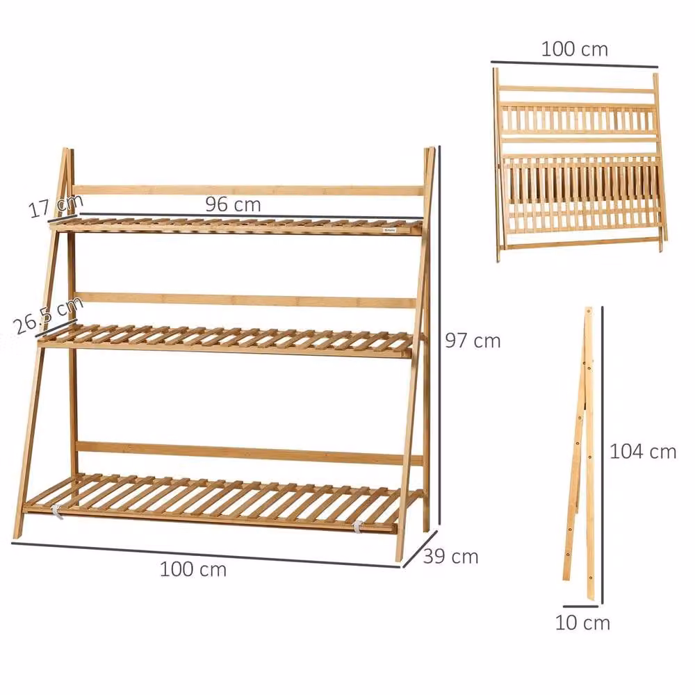 Kelvenix 3-Tier Folding Bamboo Plant Stand Display Rack in Brown, H 97.0 cm x W 39.0 cm x D 100.0 cm – 2