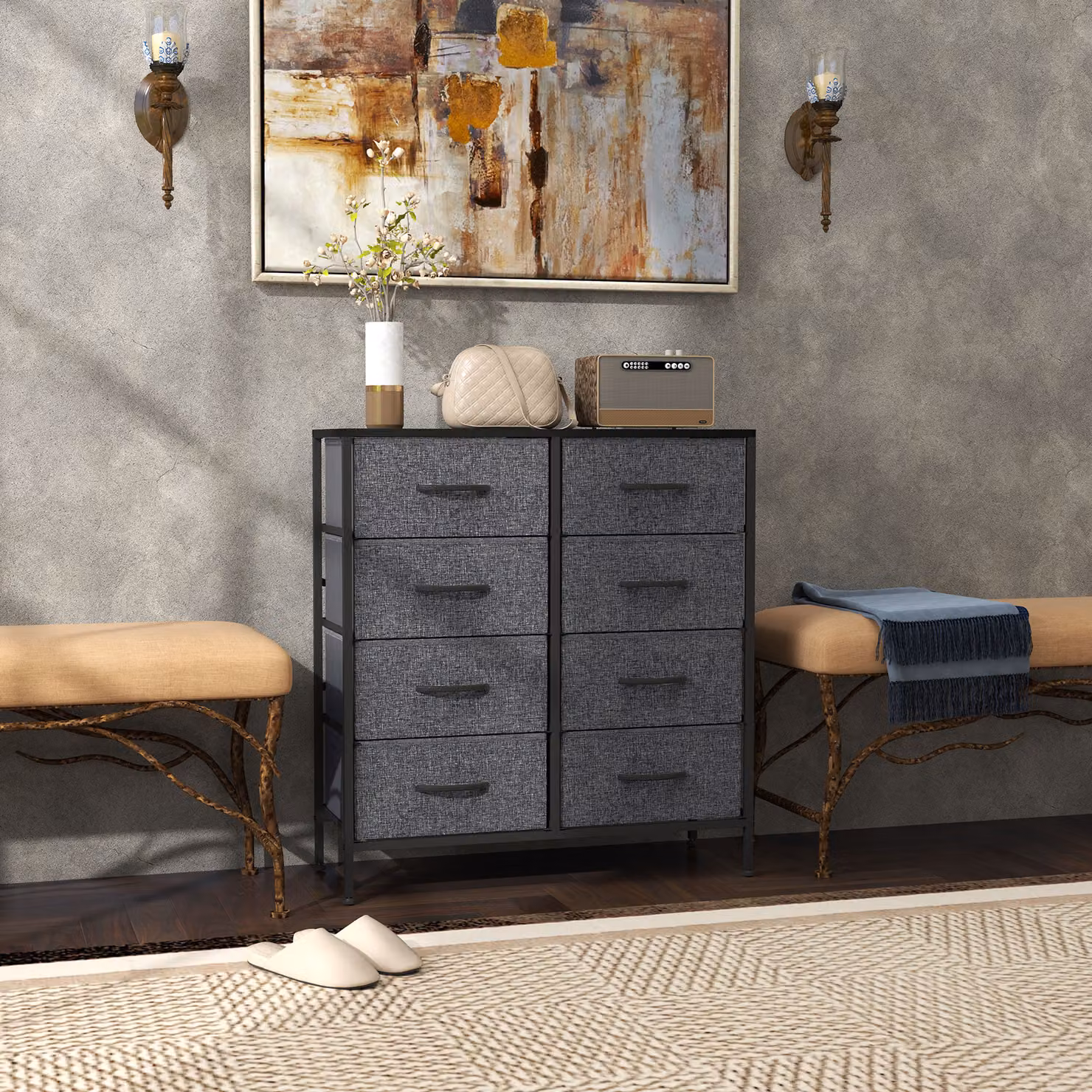 HOMCOM Industrial Fabric Chest of Drawers with 8 Drawers, Steel Frame and Wooden Top, Black and Grey – 2