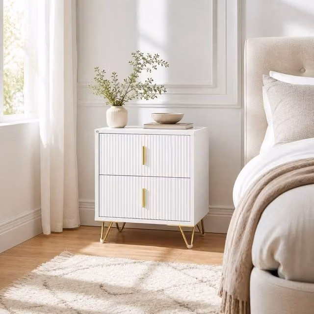 STILVORA Modern White and Gold 2-Drawer Chest of Drawers