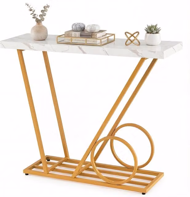Costway Modern Geometric Console Table with Marble Top and Metal Frame in White