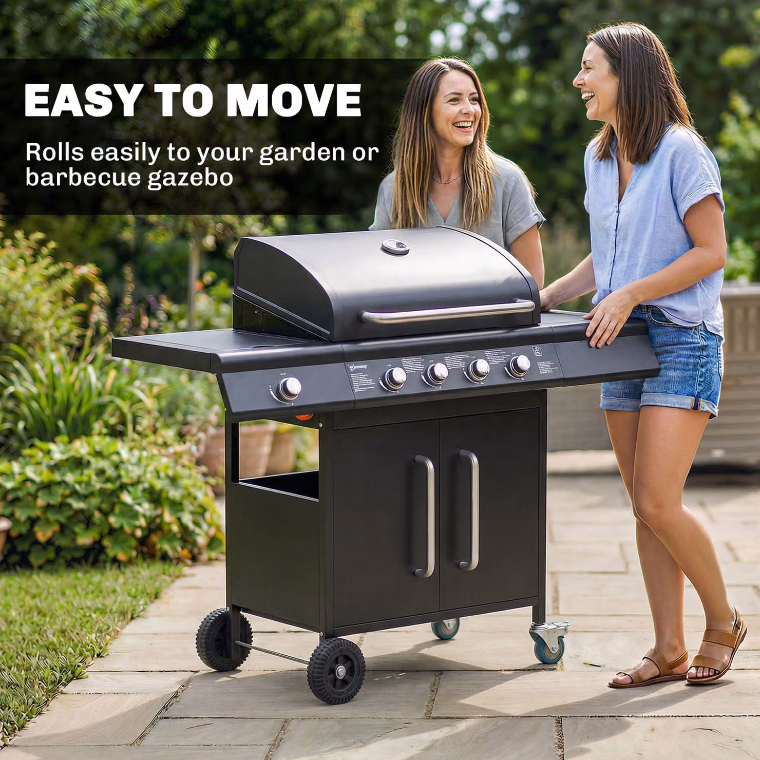 Outsunny 4+1 Burner Gas BBQ Grill with Storage Cabinet and Side Table, 15.2 kW Black Barbecue Trolley with Warming Rack, Side Burner and Wheels, W/D/H: 129.5 x 66.2 x 110 cm – 8