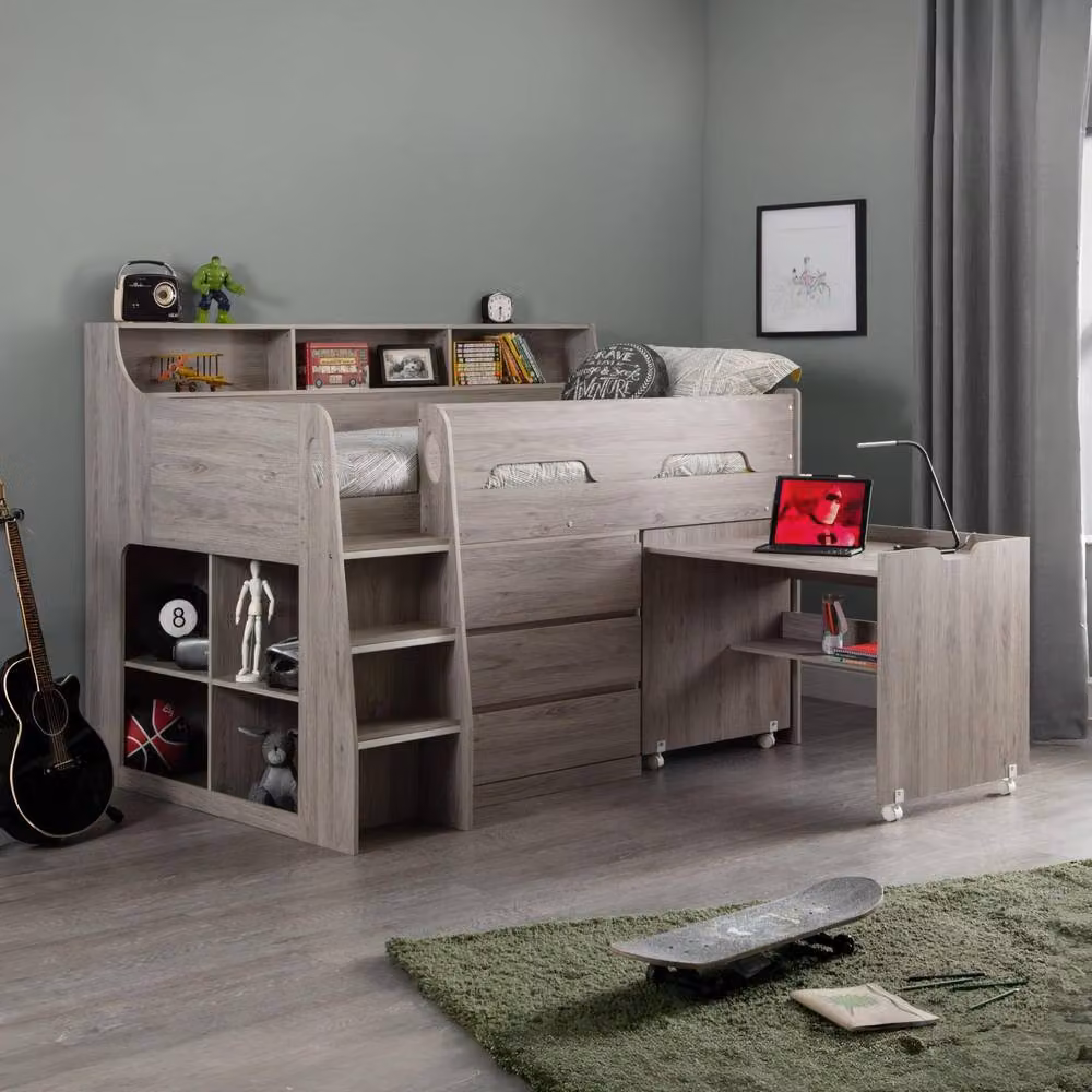Cheshire Lake Midsleeper Single Bed in Grey Oak with Stairs and Steps, W/D/H: 90 x 200 cm – 3