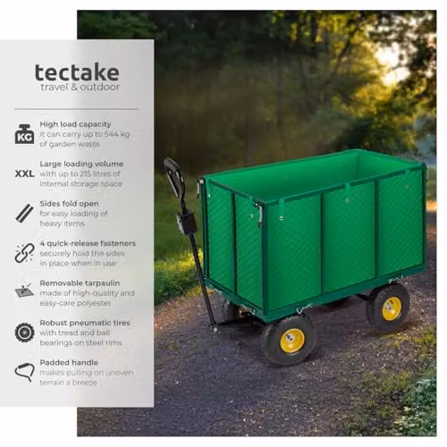 tectake Garden Trolley with Quick-Release Folding Sides, Removable Inner Lining and Pneumatic Tyres, Green – 2