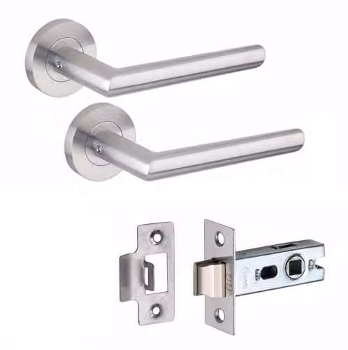 Golden Grace Mitred Door Handles on Round Rose with Latch in Satin Nickel