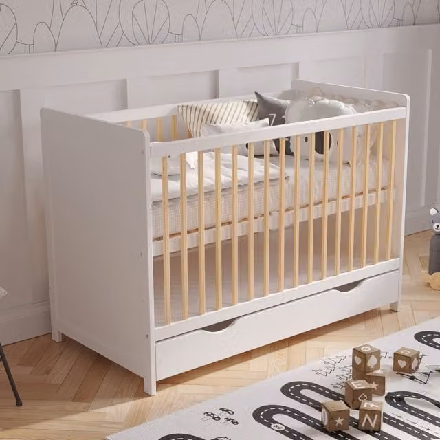 Love For Sleep Tokyo Cot Bed with Drawer and Mattress, White and Pine