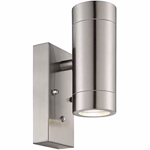 Loops Outdoor Up & Down IP44 Wall Light with Dusk Sensor, Brushed Stainless Steel and Transparent Glass, 2 x GU10 LED