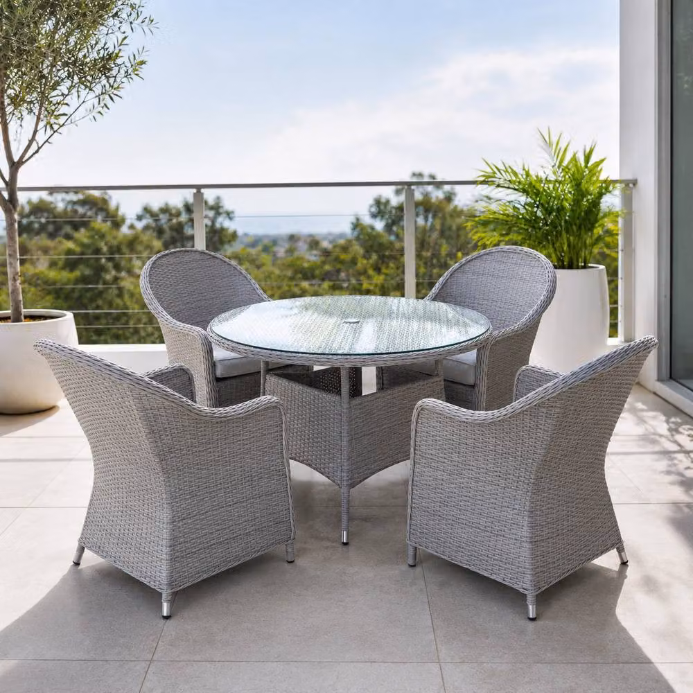 Shatchi Sorrento 4-Seater Rattan Round Garden Dining Table and Chairs Set in Sand with Powder Coated Aluminium Frame – 3