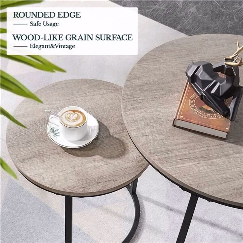 EONLION Set of 2 Round Nesting Tables in Brown and Black – 3