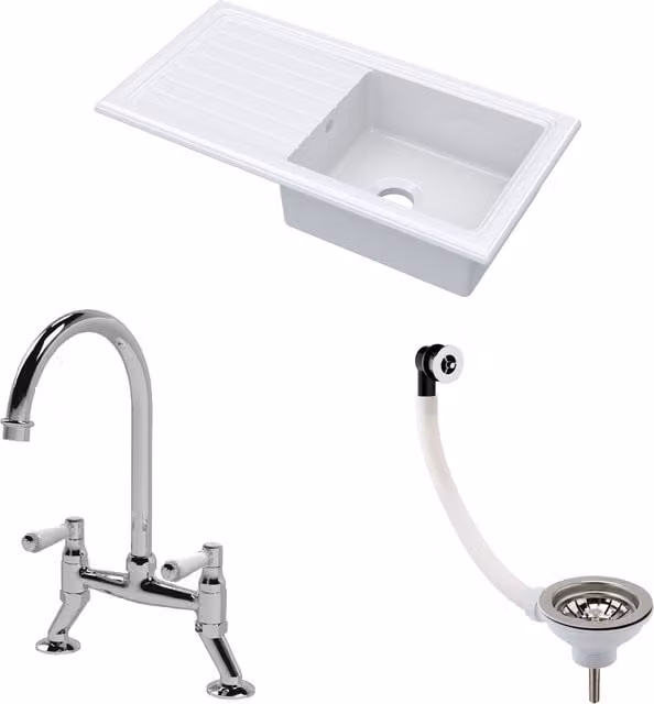 Balterley White Matt Ceramic Single Bowl Kitchen Sink with Drainer, Tap and Waste, W: 1010 mm – 1