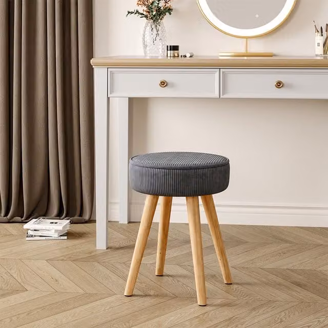 Livingandhome Grey Corduroy Round Cylindrical Footstool and Dressing Table Stool
